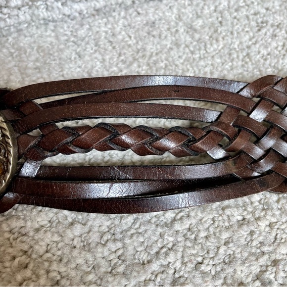 Vintage Dk Brown Braided Woven Concha's Stones Substantial Hardware Leather Belt - Picture 15 of 15
